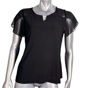 Atelier 29 |  Black Blouse with Sheer Short Flutter Sleeves & Pearl Neckline